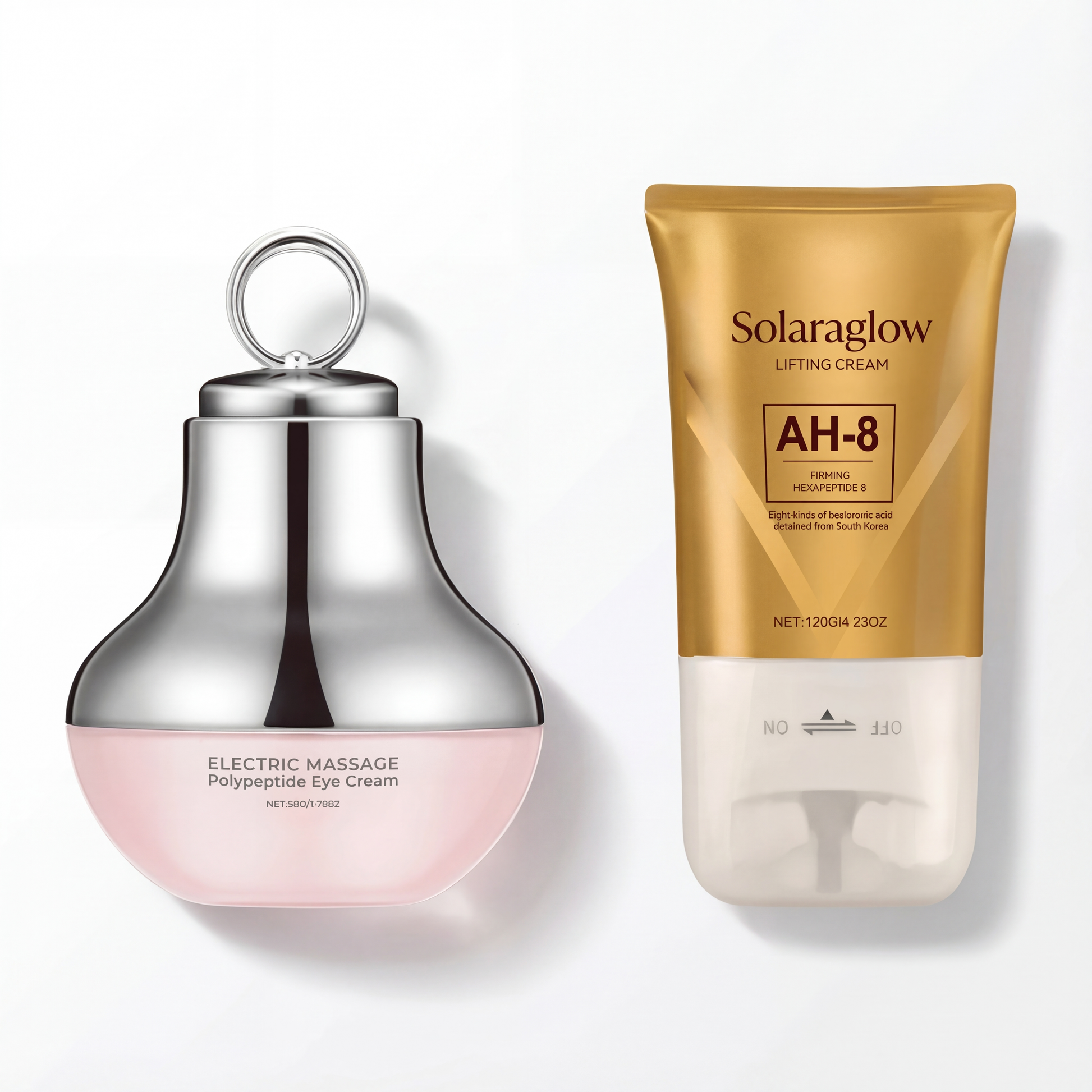 Electric massage polypeptide eye cream and Solaraglow lifting cream AH-8 on a white background