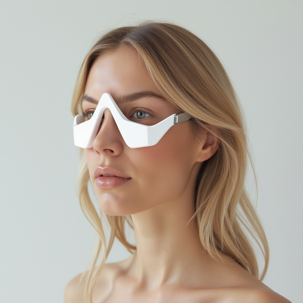 Model applying LED under-eye mask to reduce puffiness and firm skin