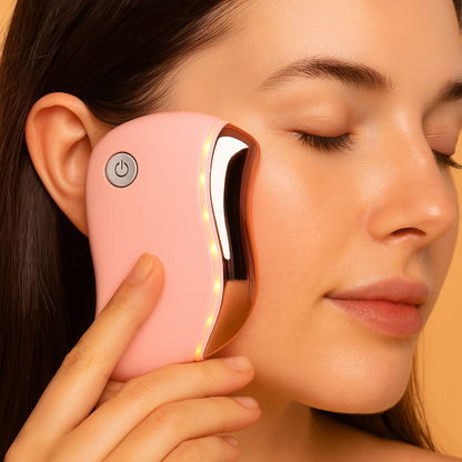Woman using a pink facial massager on her face with a warm glow.