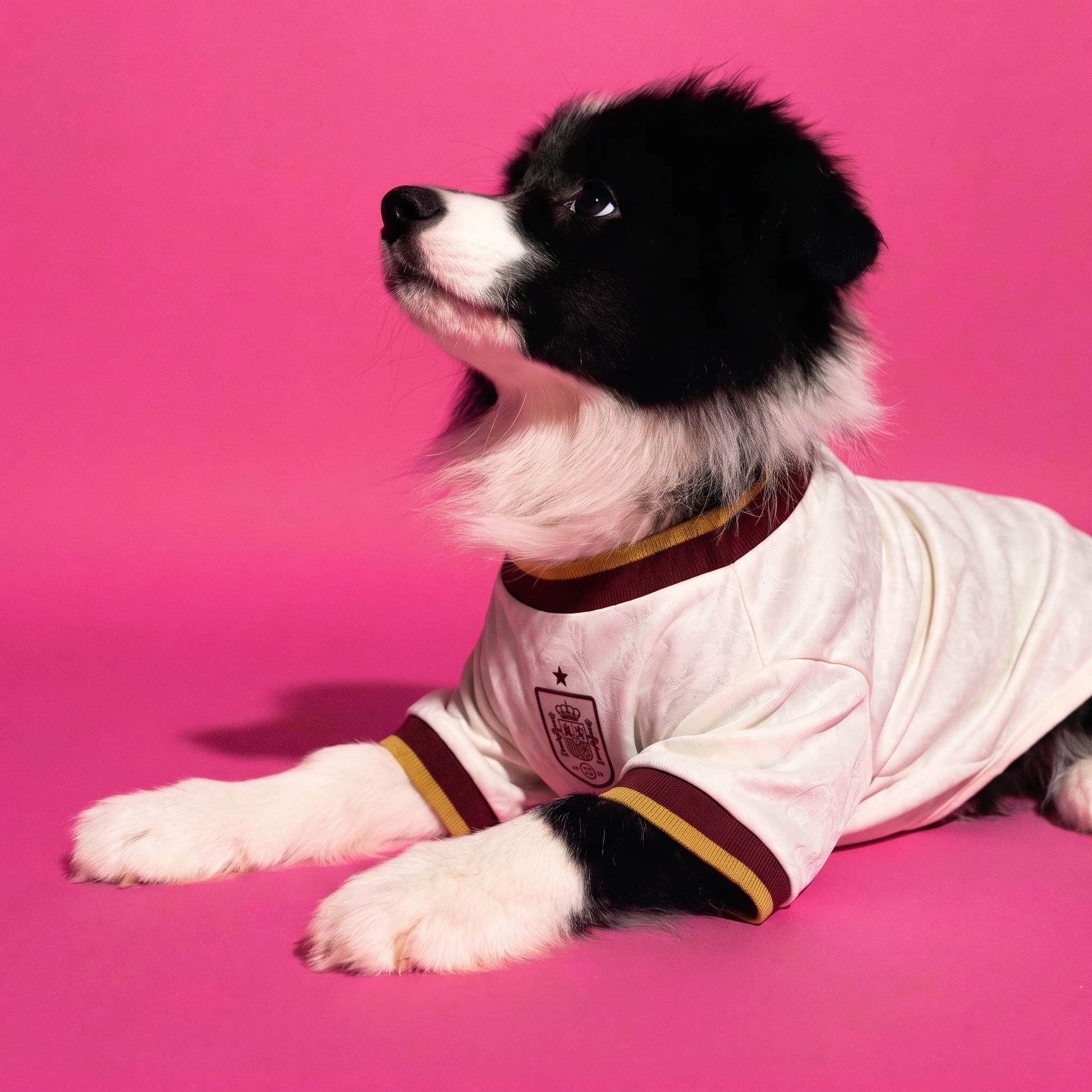 Dog lying down wearing Spain World Cup dog jersey