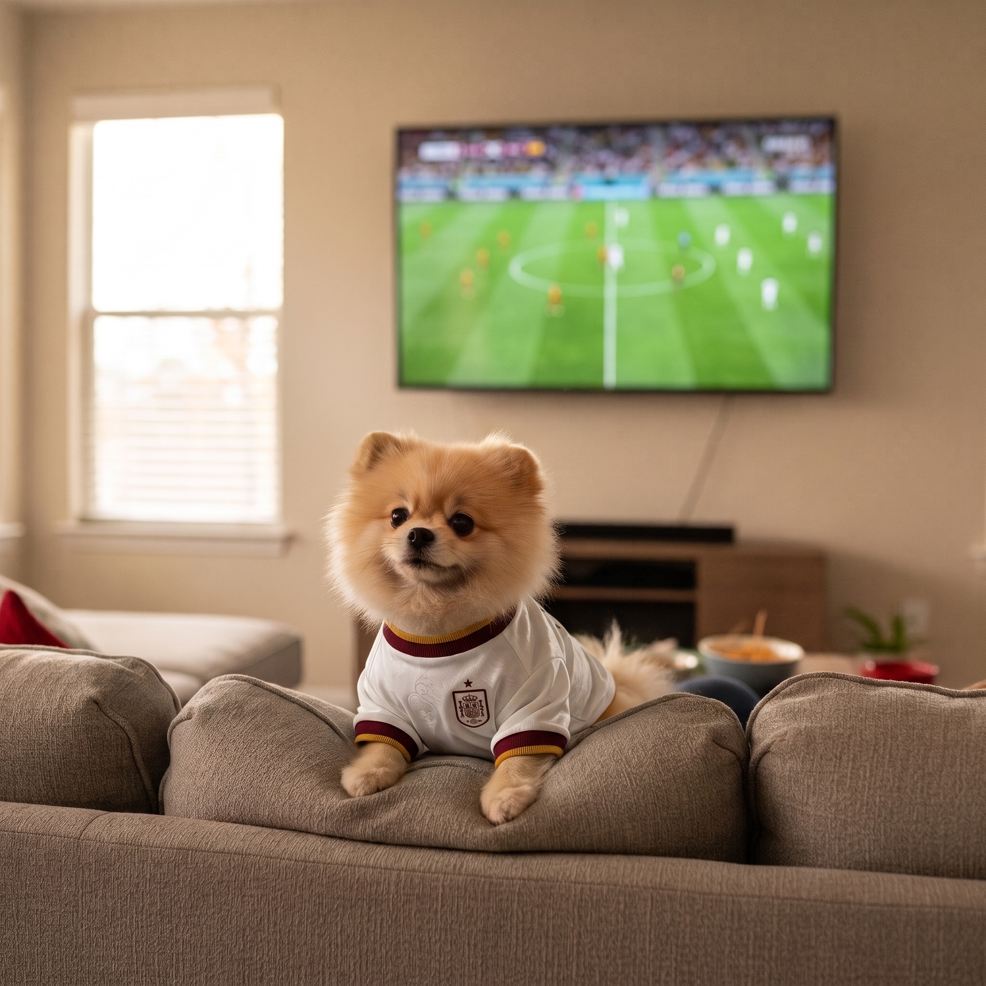 Dog in Spain jersey watching soccer on the couch