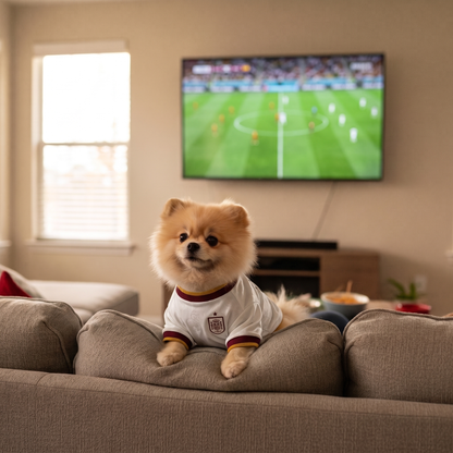 Dog in Spain jersey watching soccer on the couch