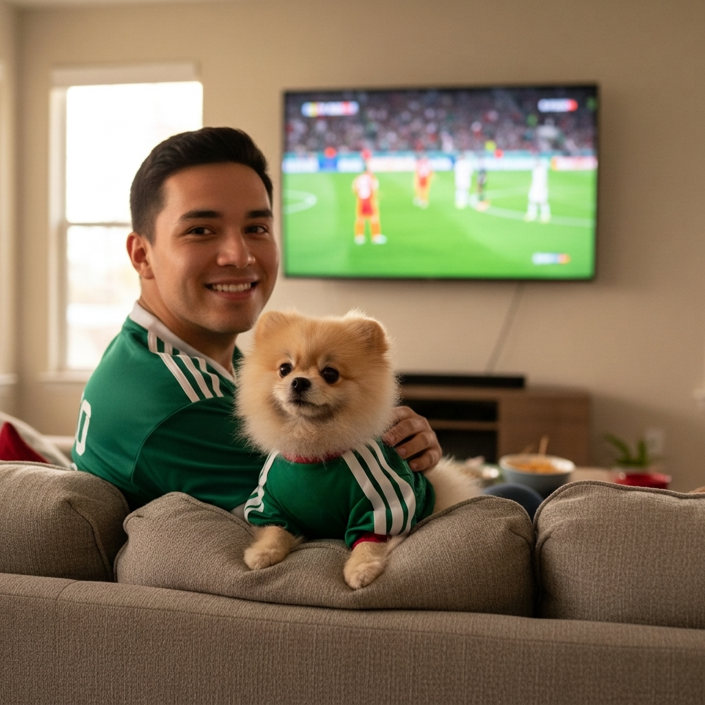 Man in a Mexico jersey on the couch with his Pomeranian in a matching Mexico dog jersey, World Cup game on TV